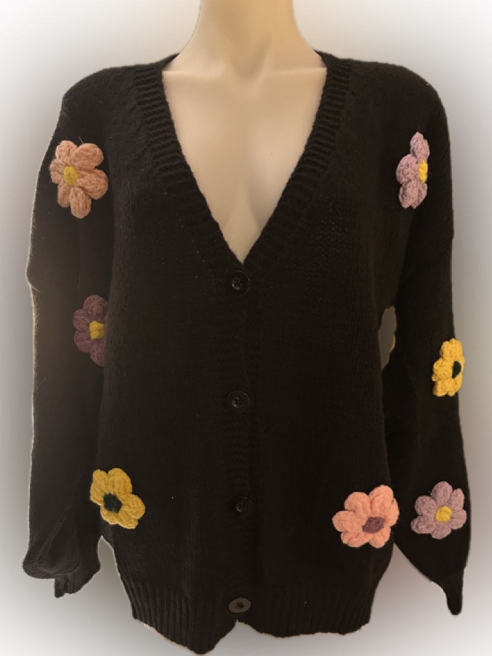 Cider Black V-Neck Cardigan with Crocheted Flower Appliqués